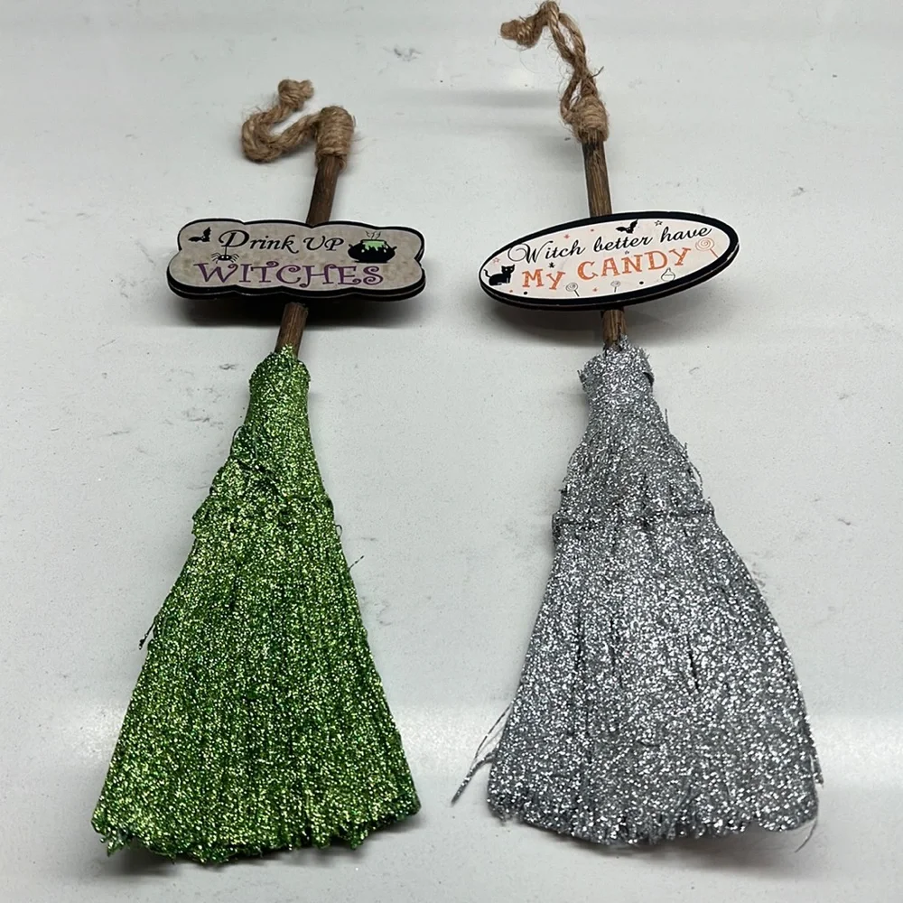Glittery Witches Broom 11‎ inch Tabletop Halloween Decor Green and Silver